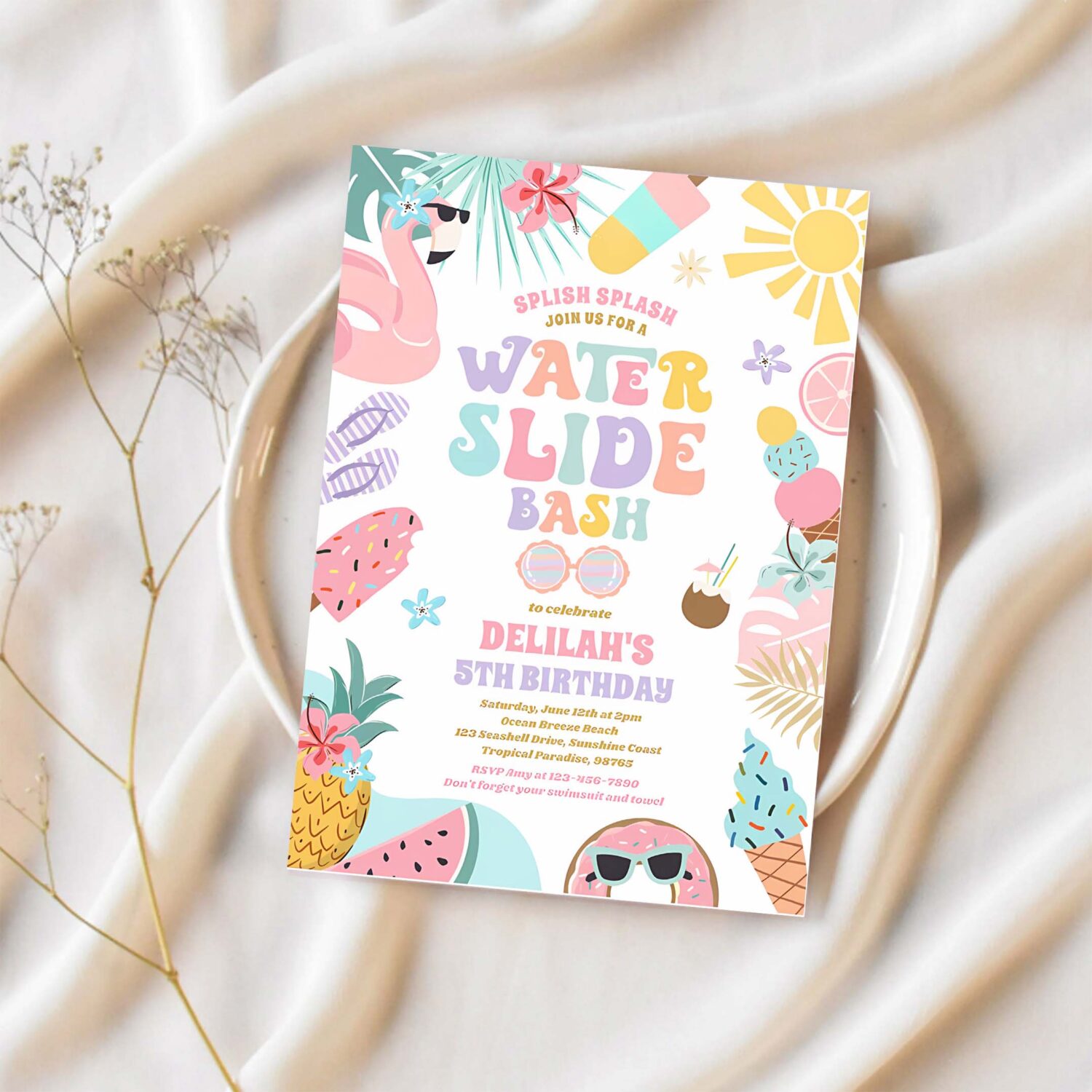 Tropical water slide summer birthday party invitation h58t 1