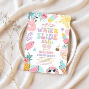 Tropical water slide summer birthday party invitation h58t 1