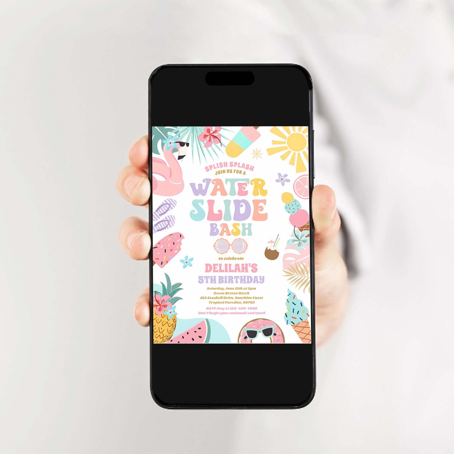 Tropical water slide summer birthday party invitation h58t 2