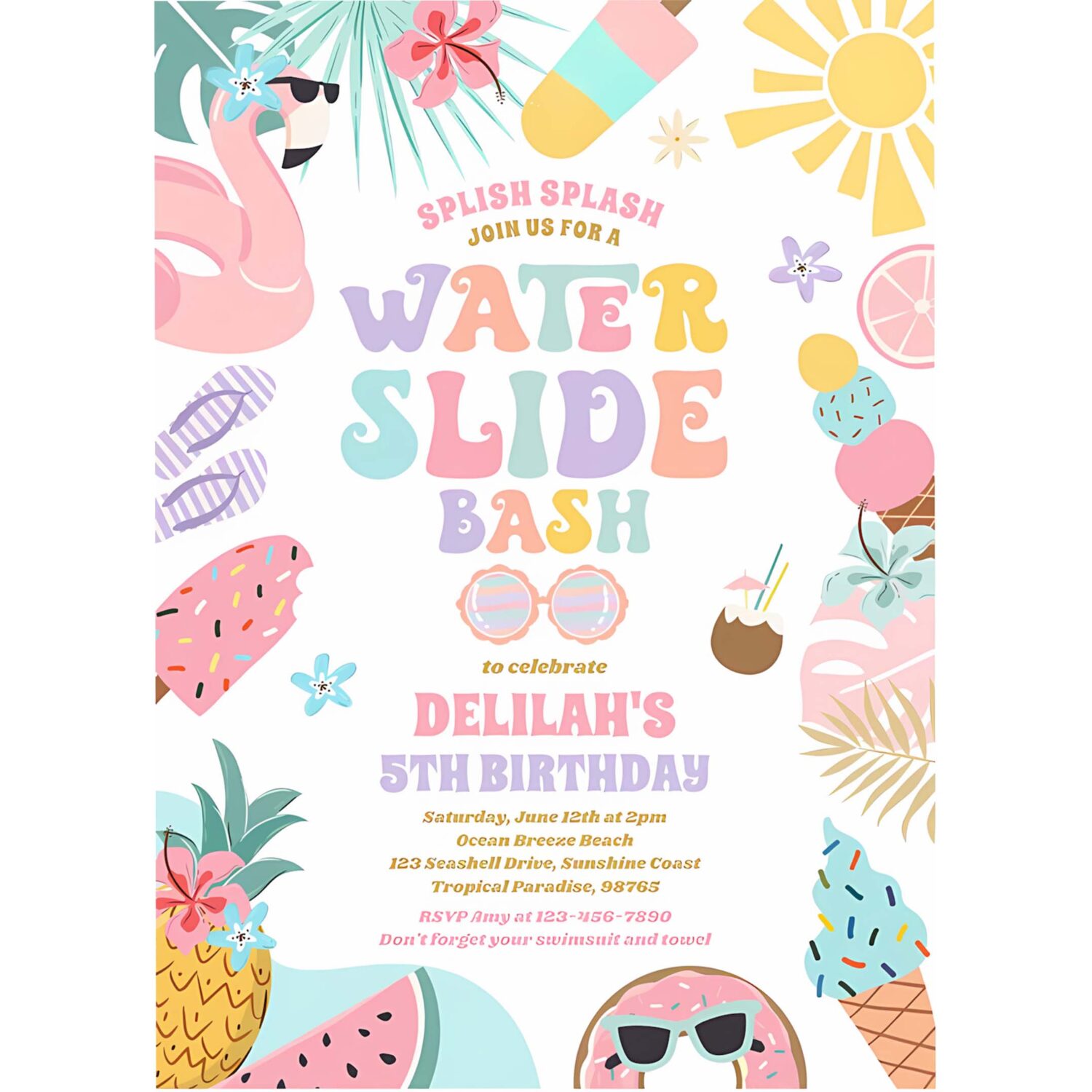 Tropical water slide summer birthday party invitation h58t 4