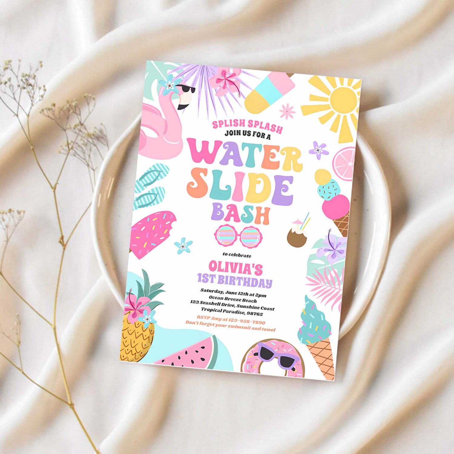 Tropical water slide summer birthday party invitation p58p 1