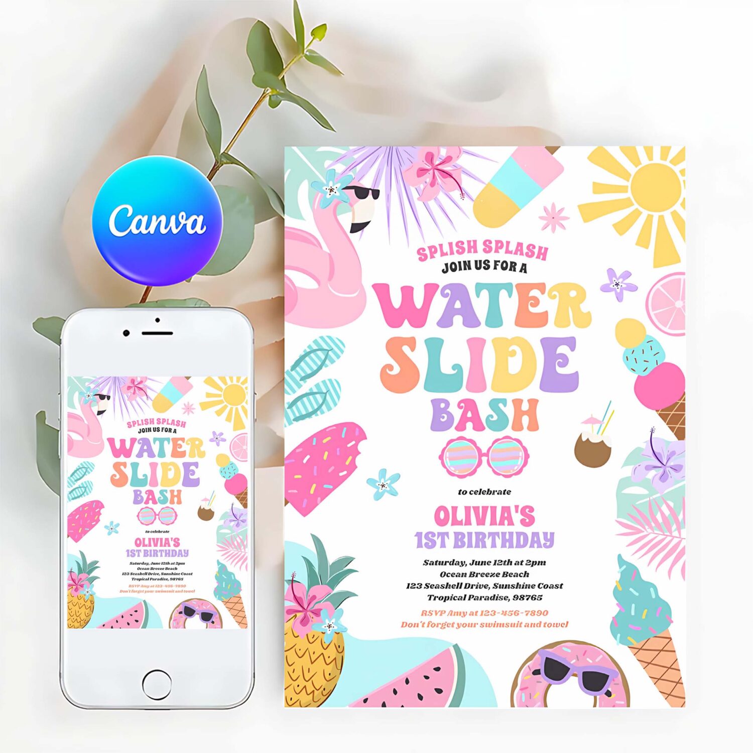 Tropical water slide summer birthday party invitation p58p