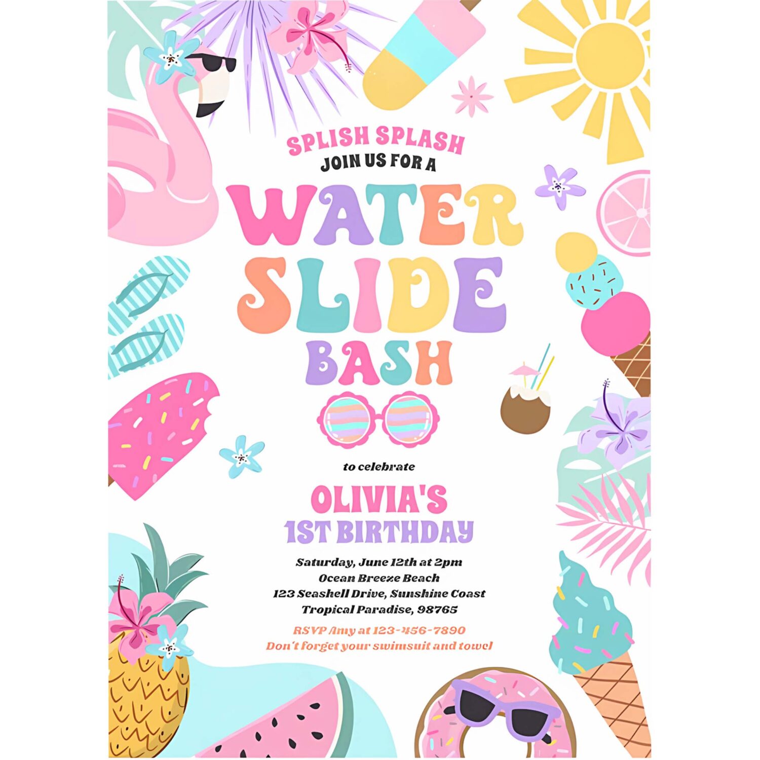 Tropical water slide summer birthday party invitation p58p 4