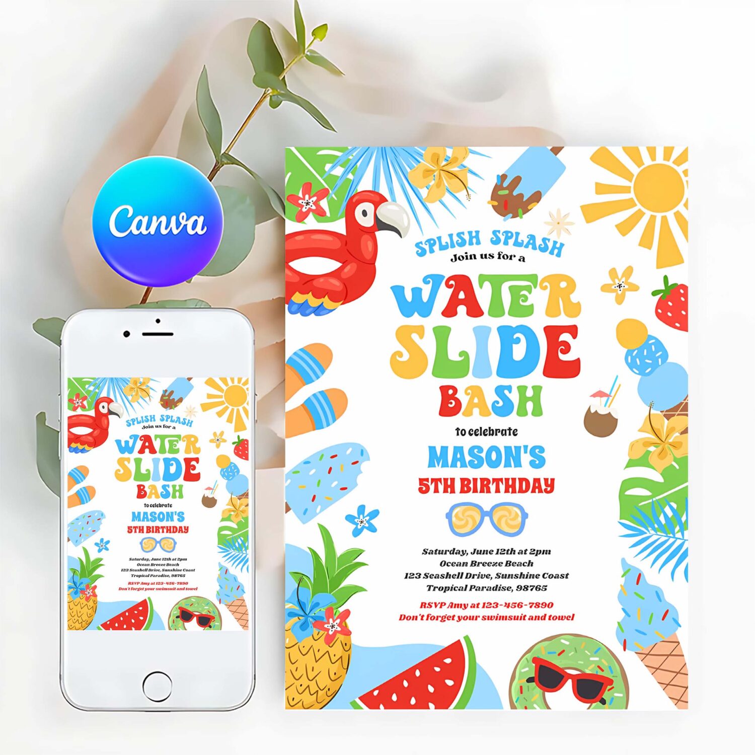 Tropical water slide summer birthday party invitation q69u