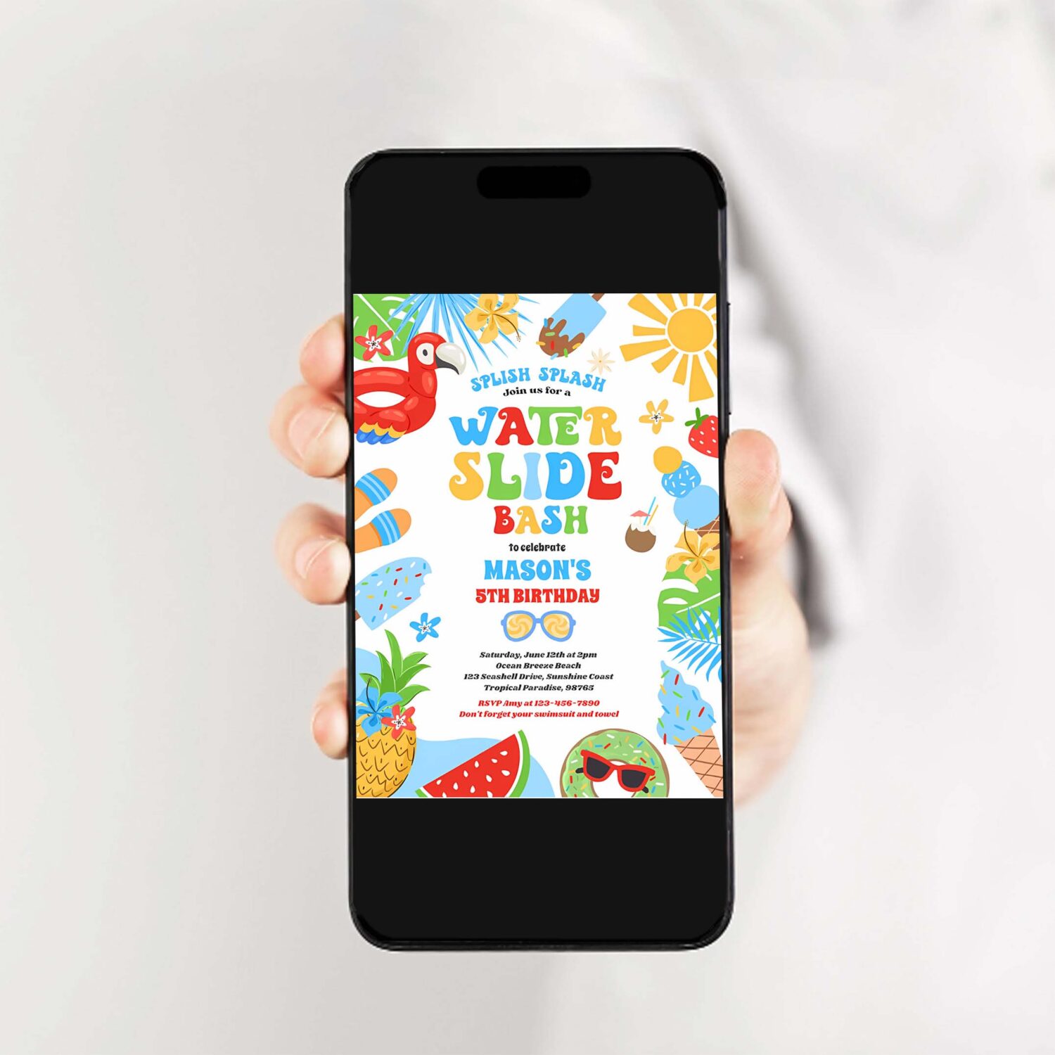 Tropical water slide summer birthday party invitation q69u 2