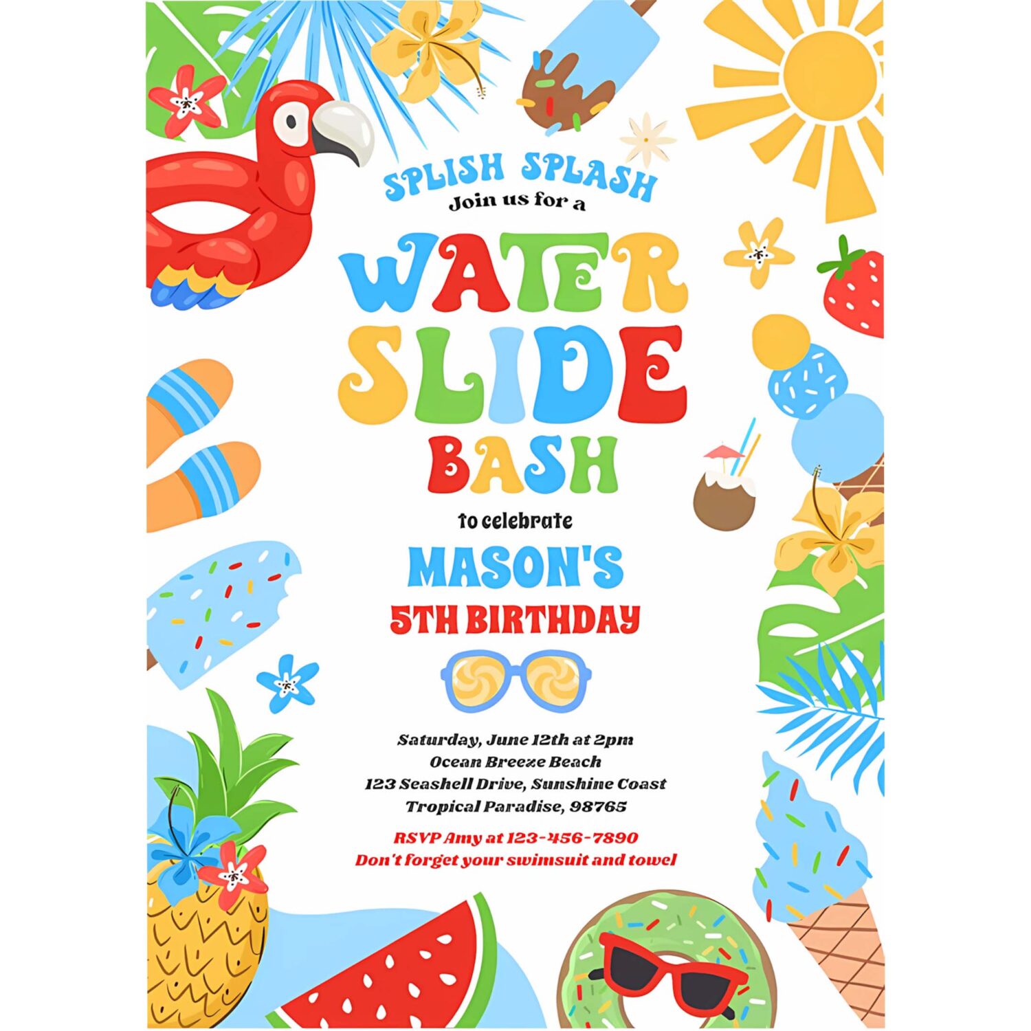 Tropical water slide summer birthday party invitation q69u 4