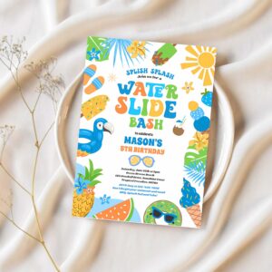 Tropical water slide summer birthday party invitation u28c 1