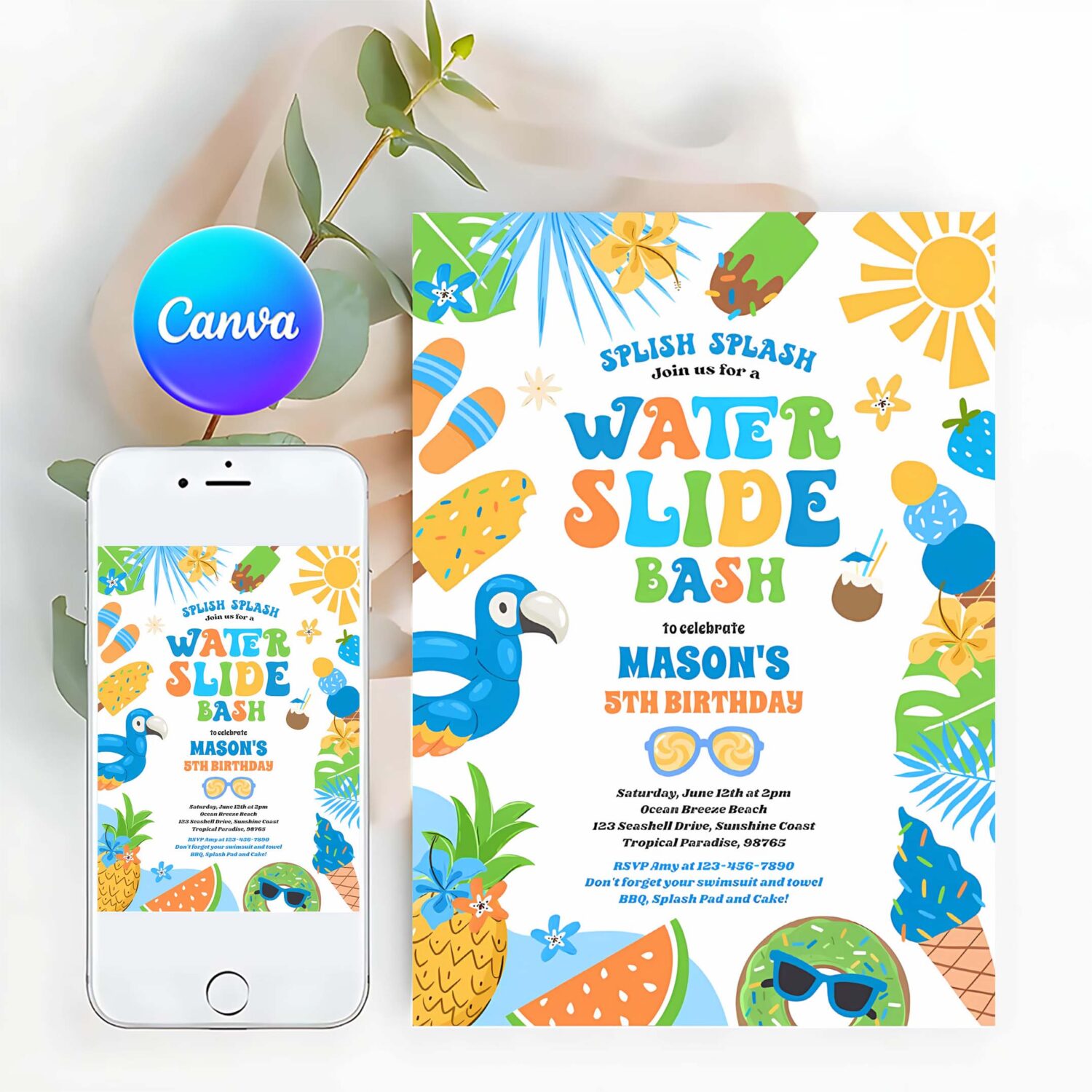 Tropical water slide summer birthday party invitation u28c