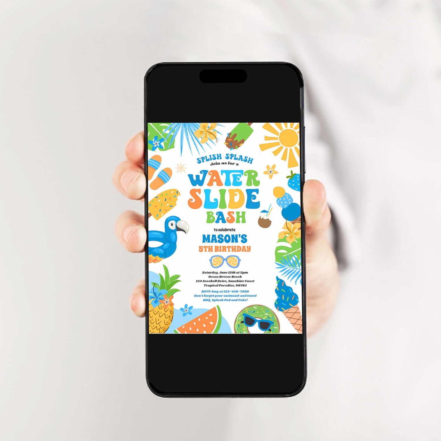Tropical water slide summer birthday party invitation u28c 2