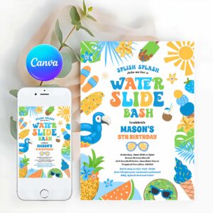 Tropical Beach Invitation, Tropical Water Slide Summer Birthday Party Invitation