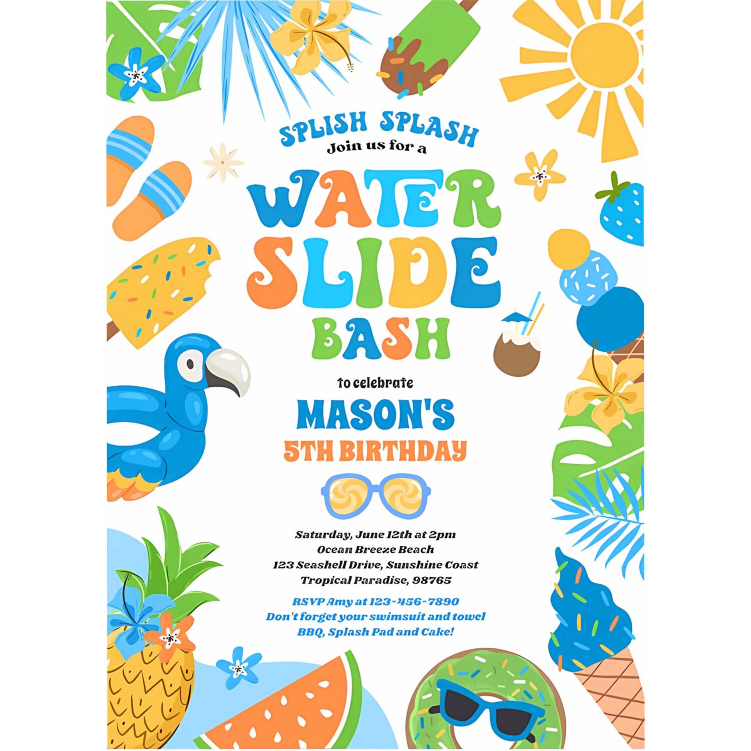 Tropical water slide summer birthday party invitation u28c 4
