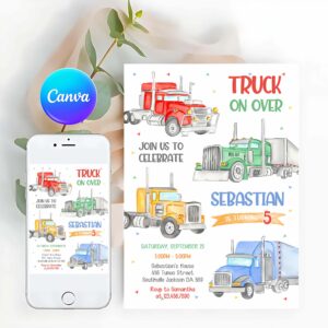 Truck Birthday Invitation Template, Semi-Truck Birthday Invitation, Truck Birthday Invitation