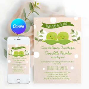 Sweet One Invitation, Twin Baby Shower Invitation, Two Peas In a Pod Baby Shower Green Neutral Invitation, Sweet Pea