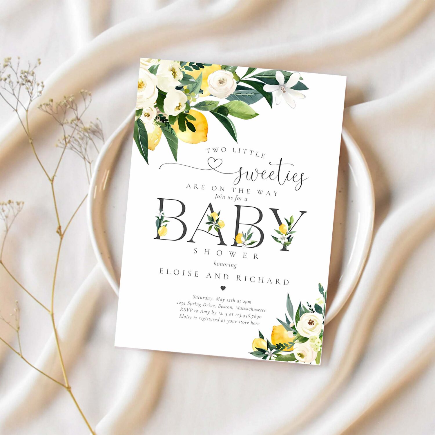Twin two little sweeties on the way lemon invitation b25q 1