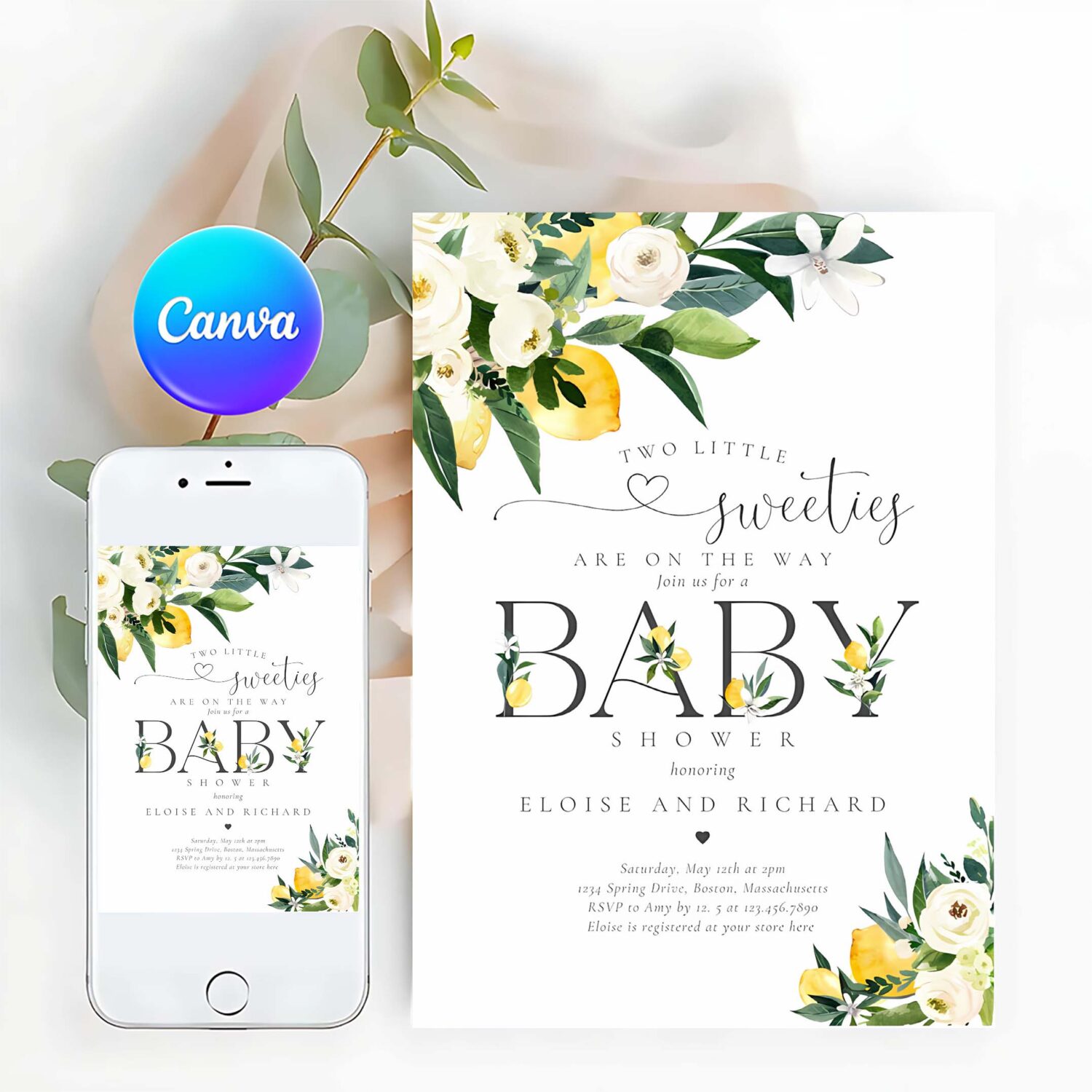 Twin two little sweeties on the way lemon invitation b25q