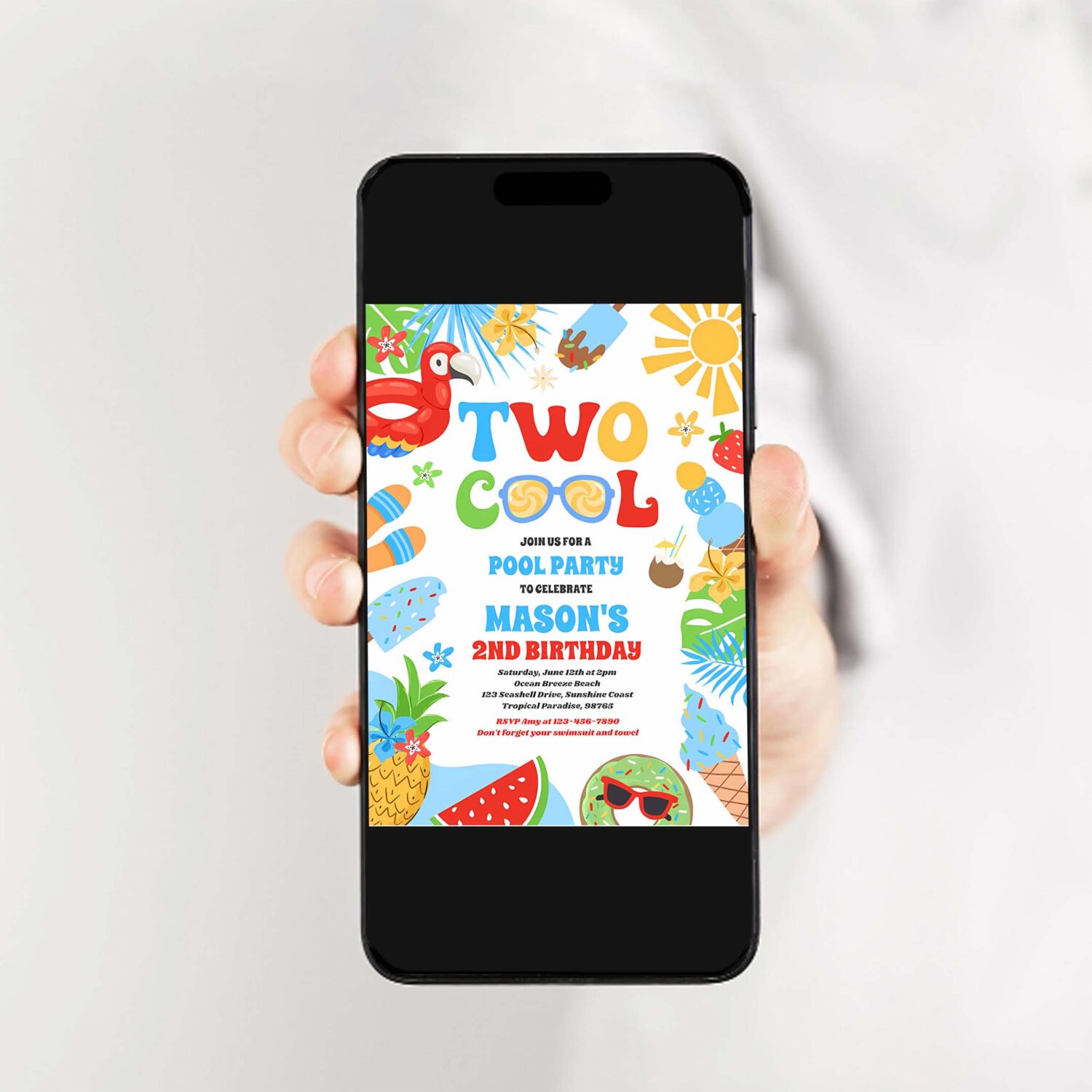 Two cool tropical summer beach 2nd birthday party invitation g13o 2