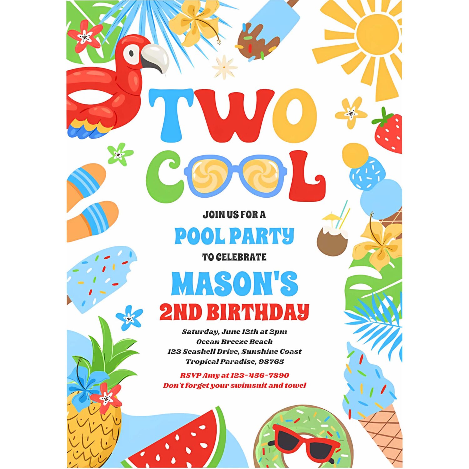 Two cool tropical summer beach 2nd birthday party invitation g13o 4