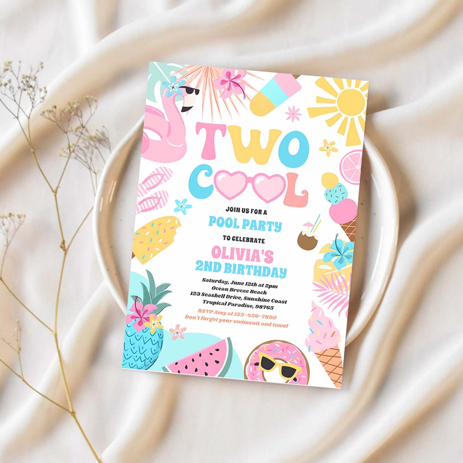 Two cool tropical summer beach 2nd birthday party invitation g63t 1