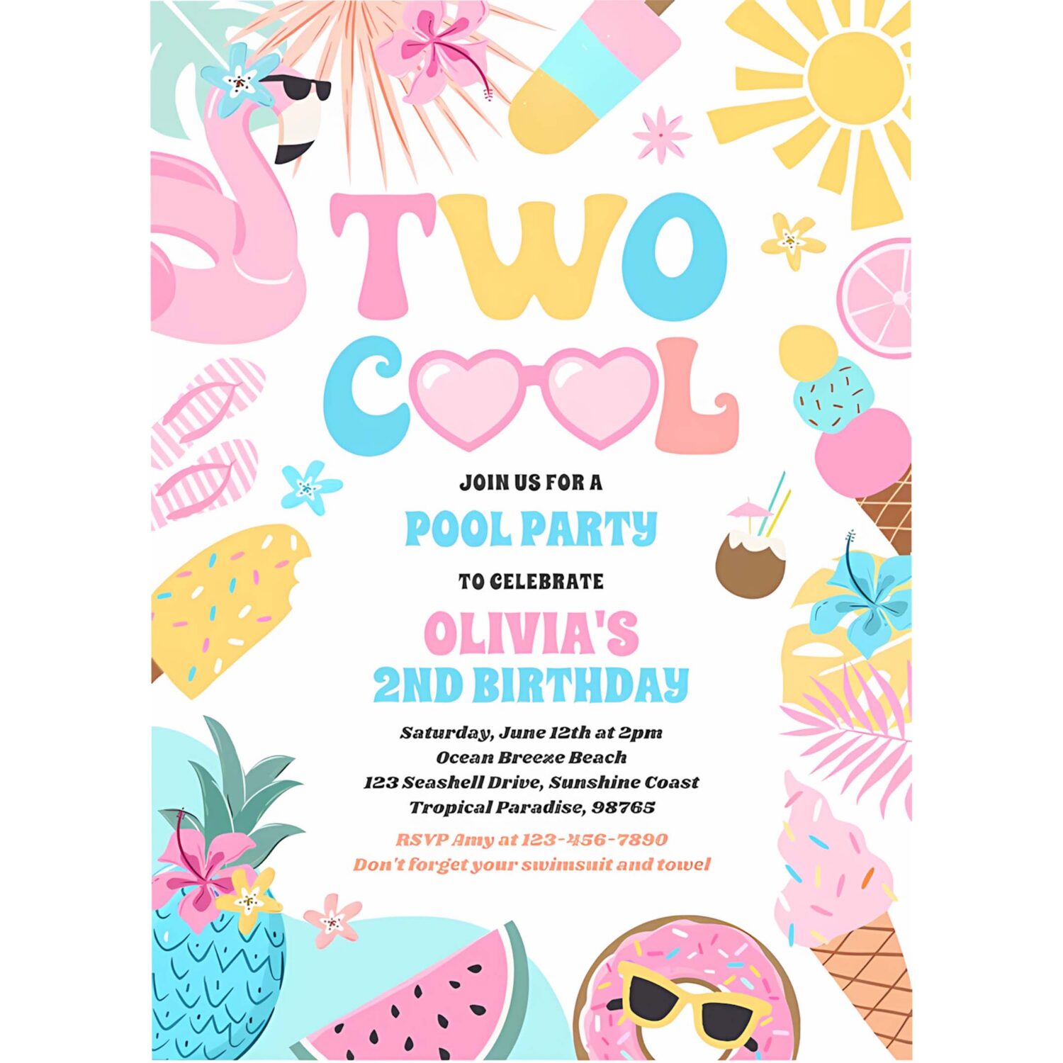 Two cool tropical summer beach 2nd birthday party invitation g63t 4