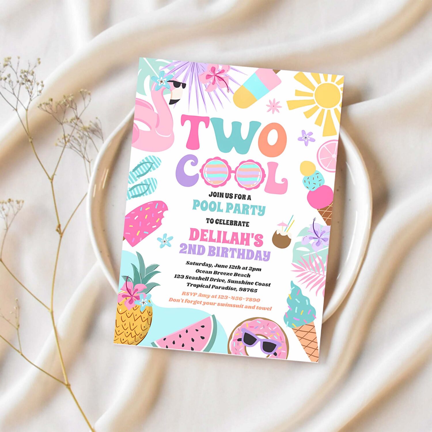 Two cool tropical summer beach 2nd birthday party invitation k67o 1