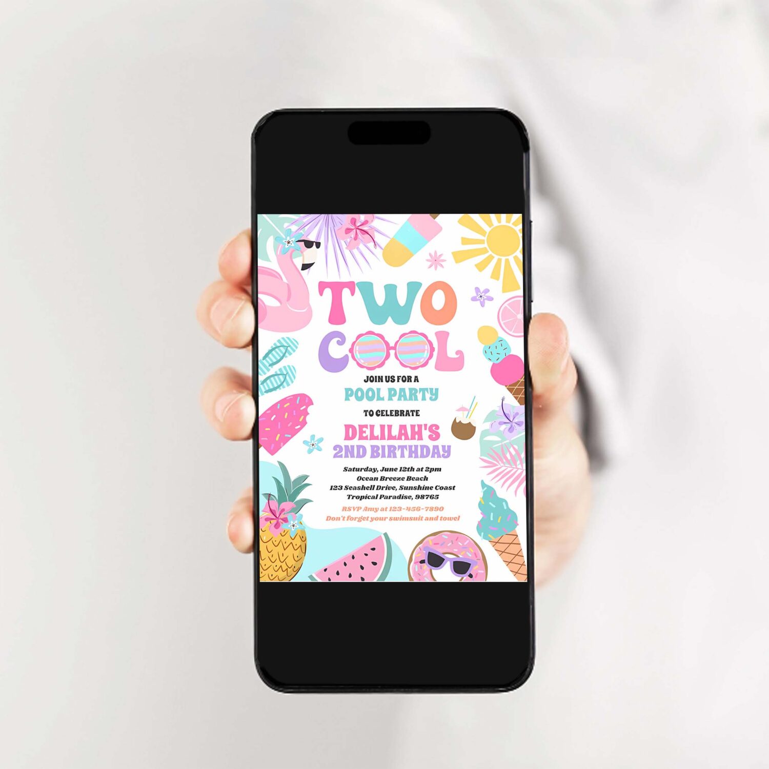 Two cool tropical summer beach 2nd birthday party invitation k67o 2