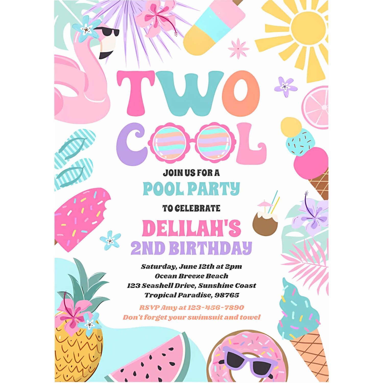 Two cool tropical summer beach 2nd birthday party invitation k67o 4