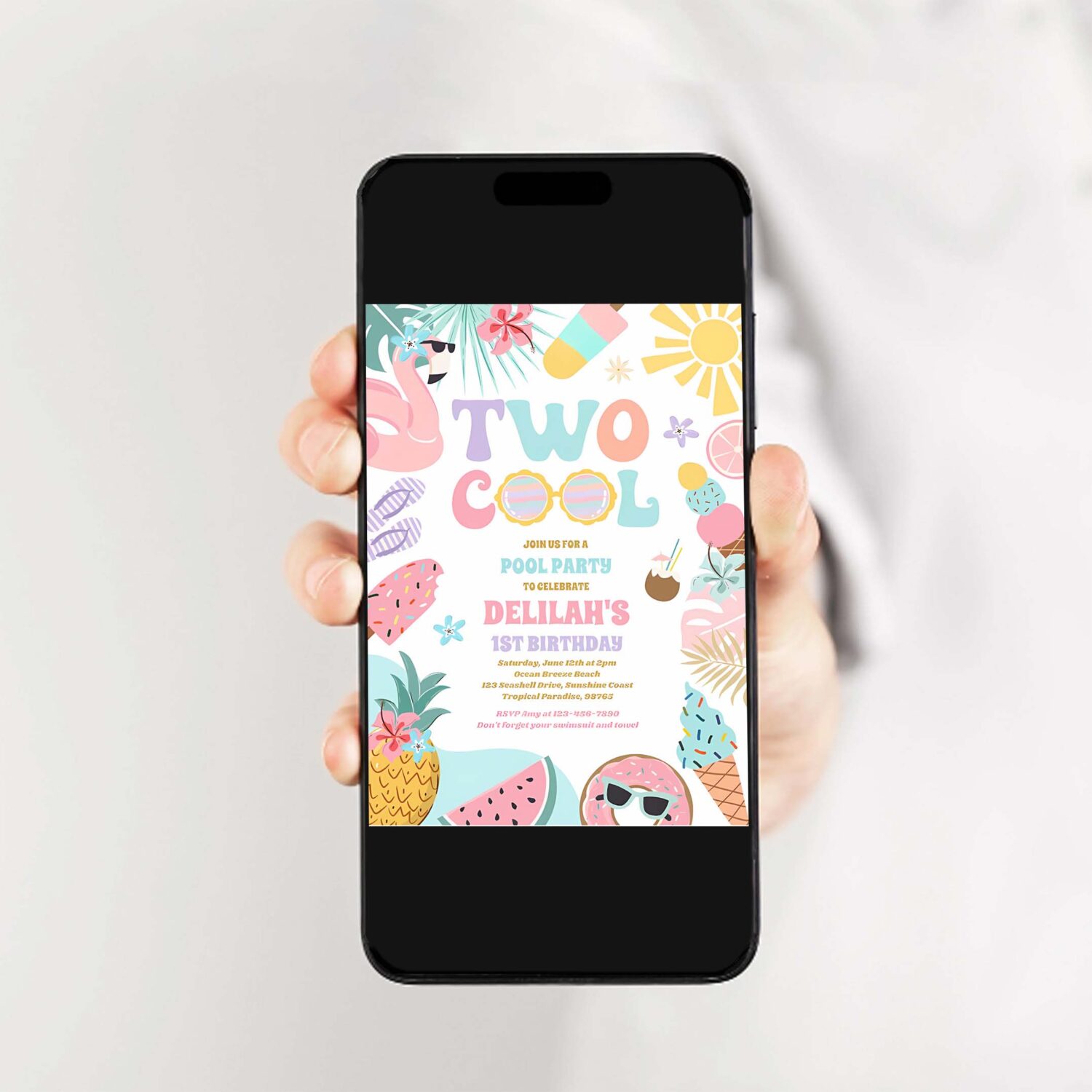 Two cool tropical summer beach 2nd birthday party invitation n69u 2