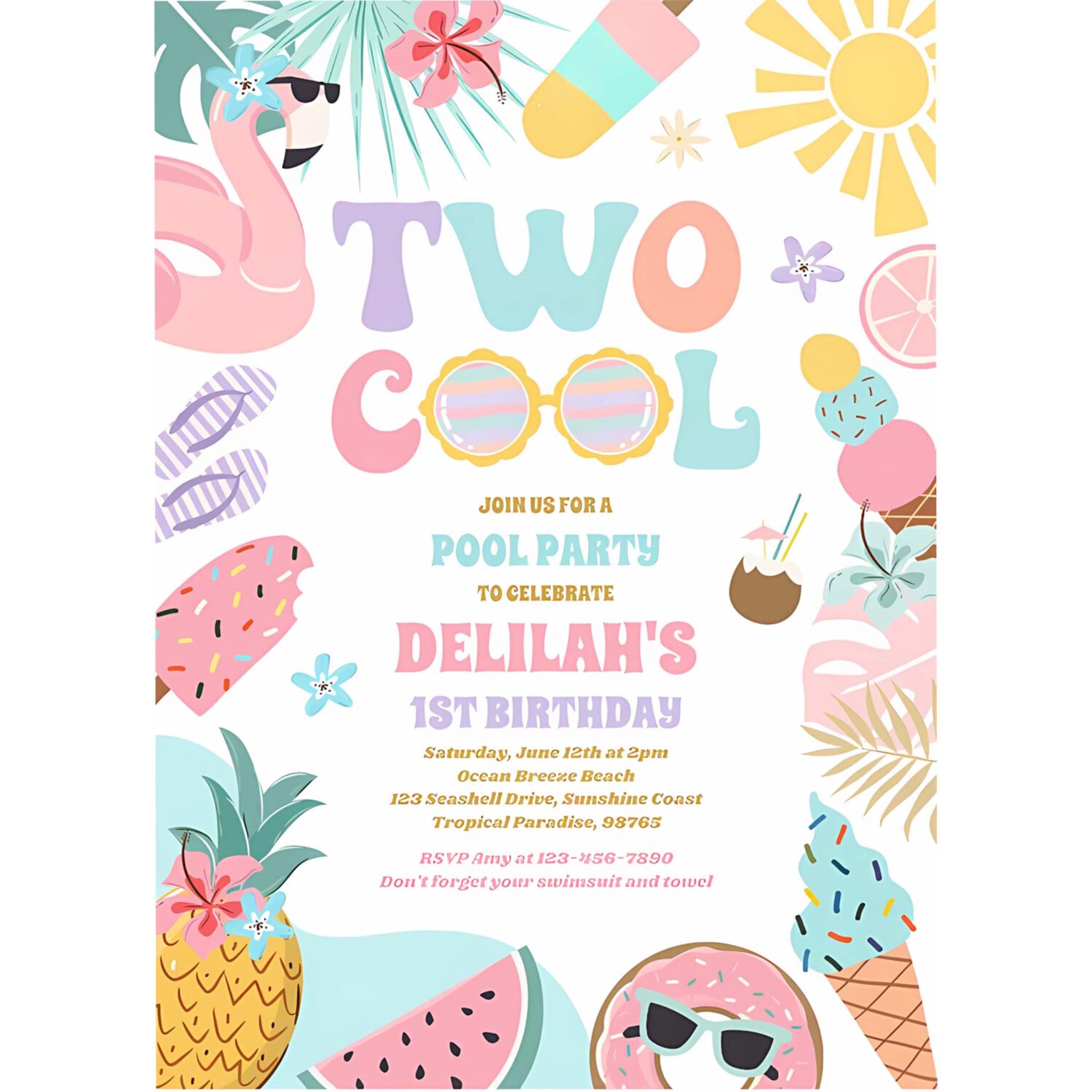 Two cool tropical summer beach 2nd birthday party invitation n69u 4