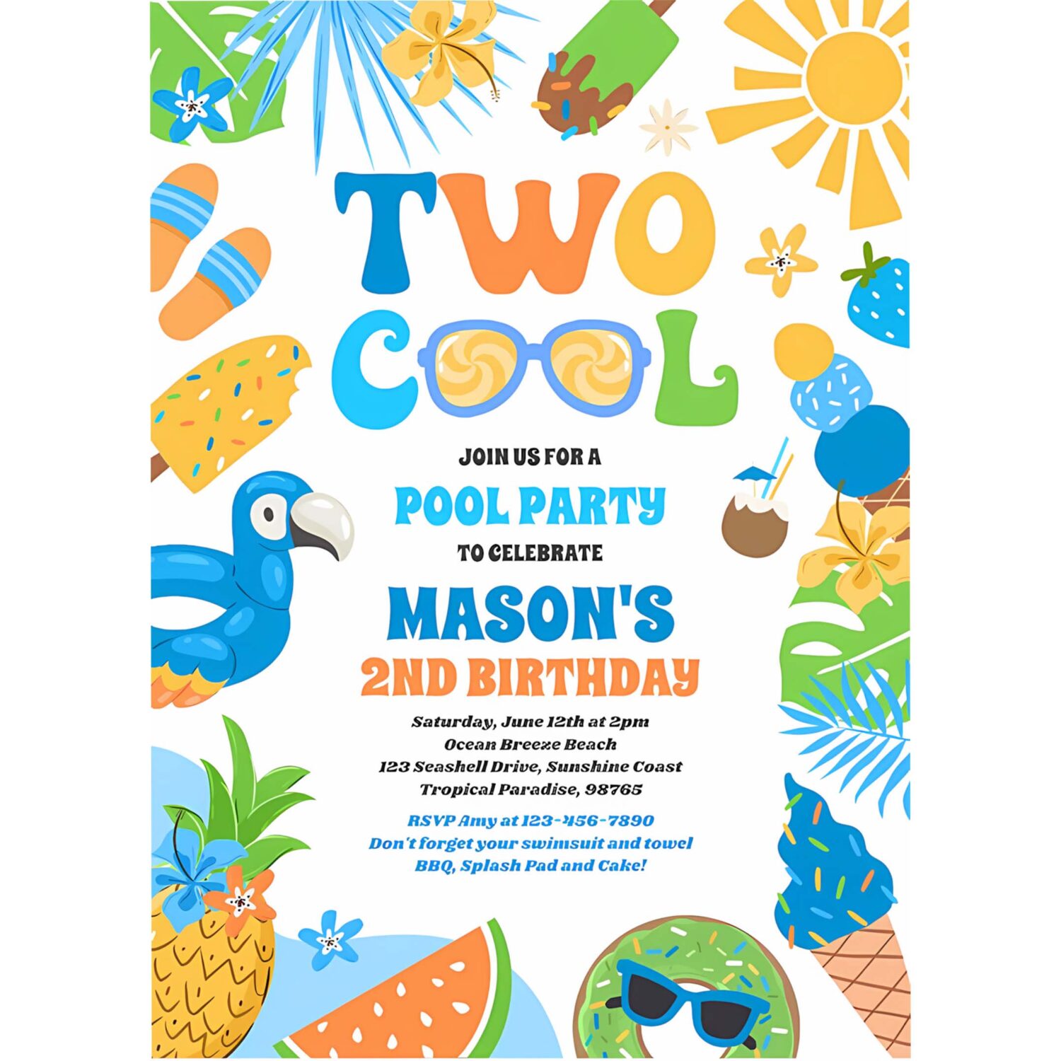 Two cool tropical summer beach 2nd birthday party invitation x33k 4
