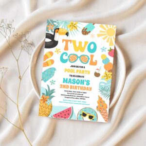 Two cool tropical summer beach 2nd birthday party invitation o46a 1