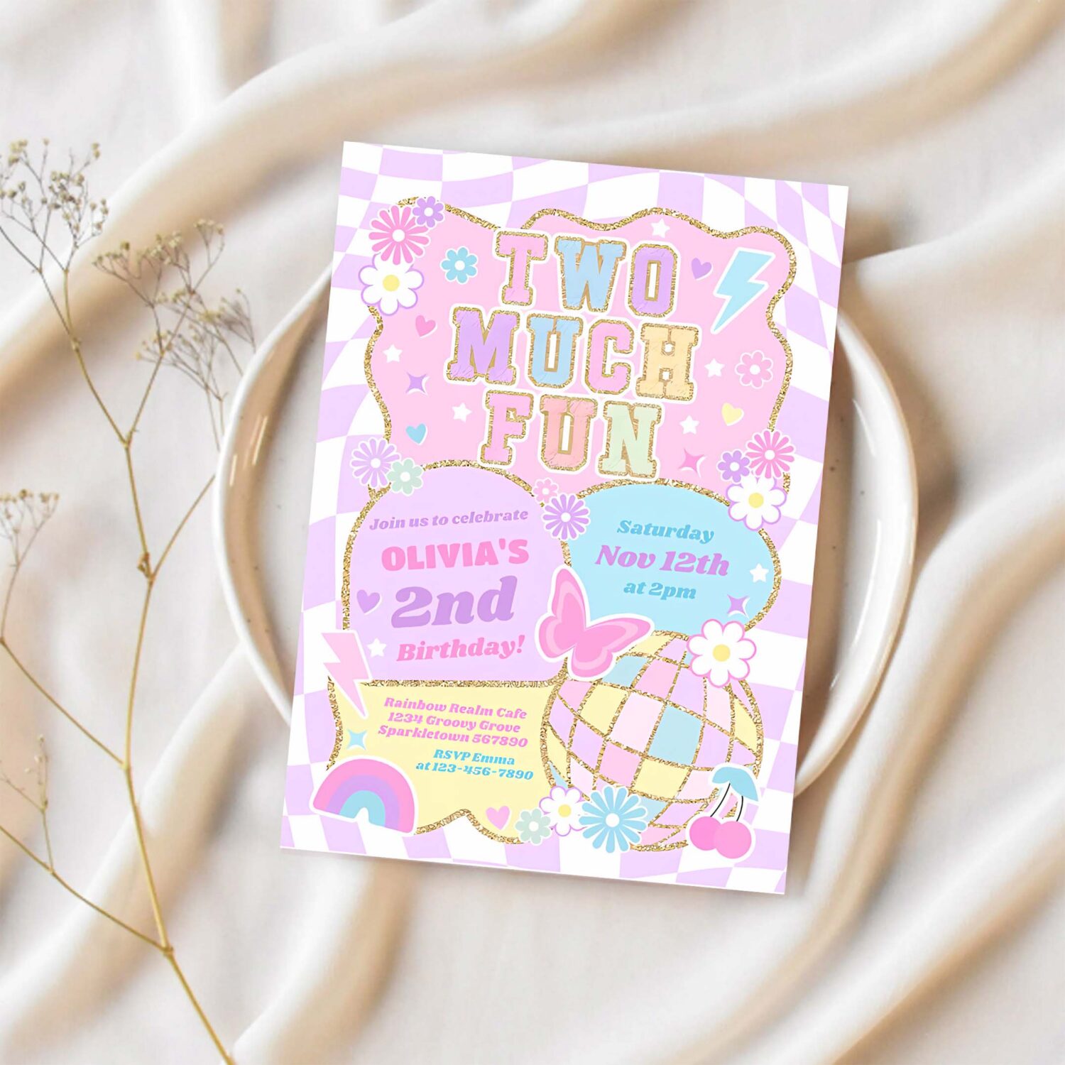 Two much fun groovy preppy varsity 2nd birthday invitation x22g 1