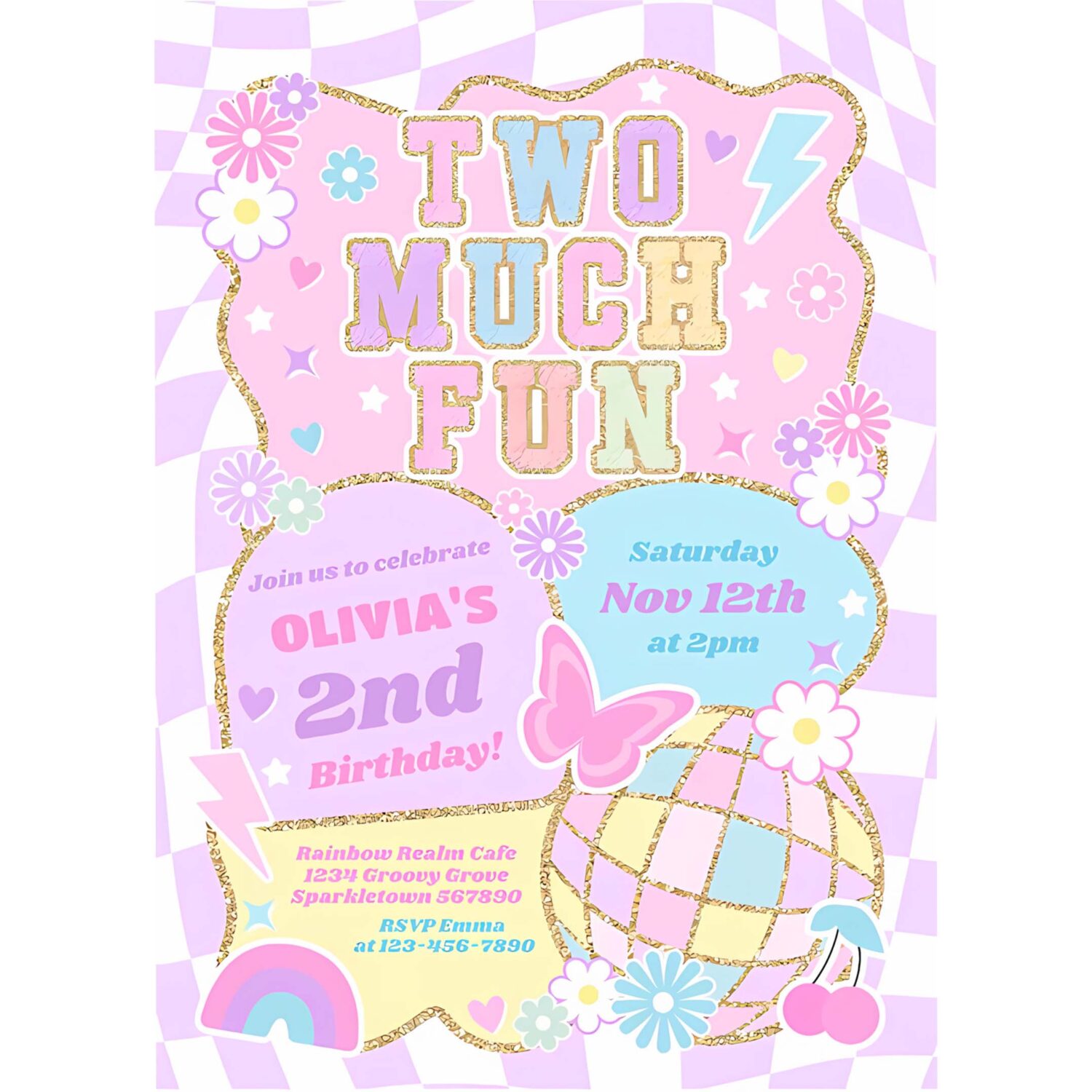 Two much fun groovy preppy varsity 2nd birthday invitation x22g 4