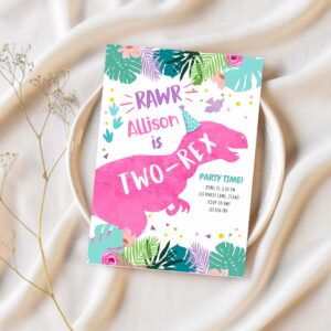 Two rex pink dinosaur girl 2nd second birthday invitation o16h 1