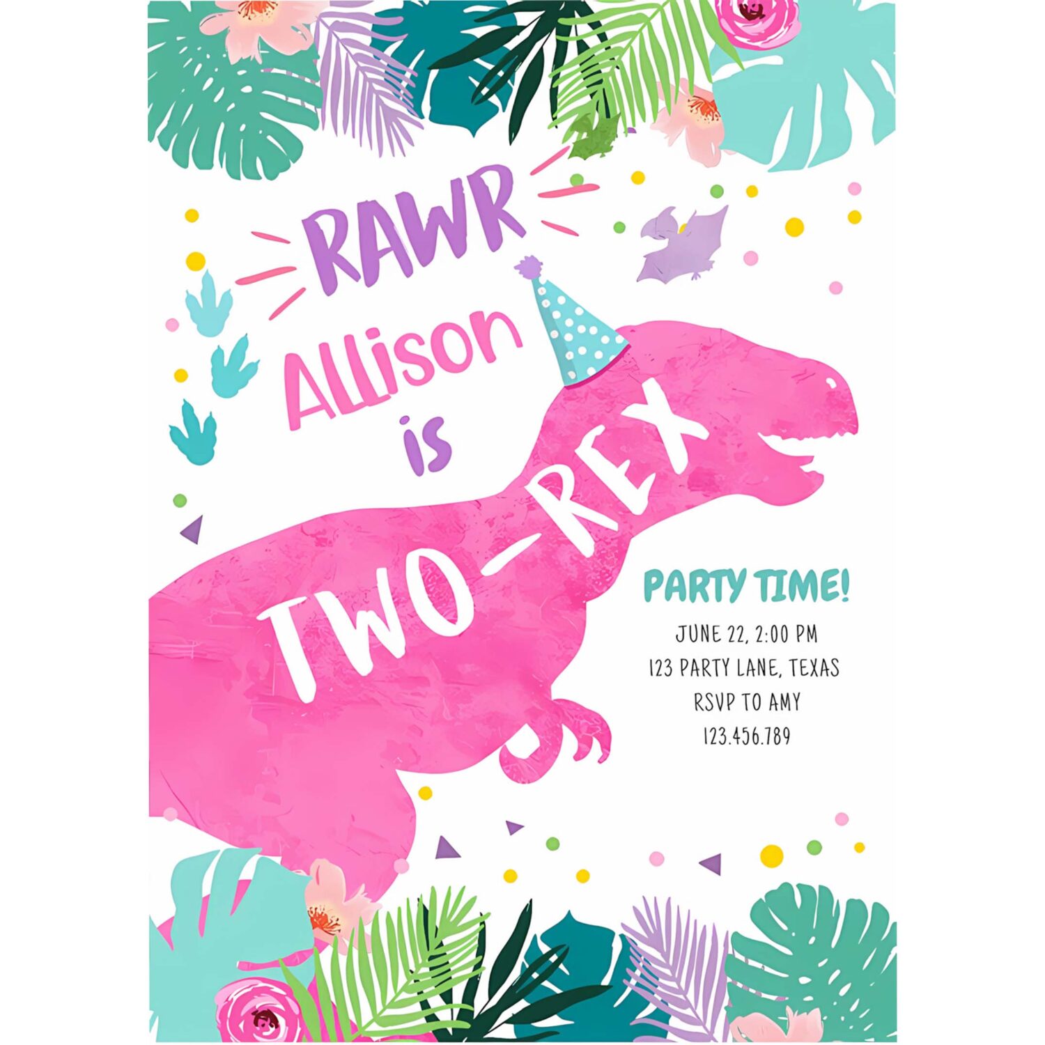Two rex pink dinosaur girl 2nd second birthday invitation o16h 4