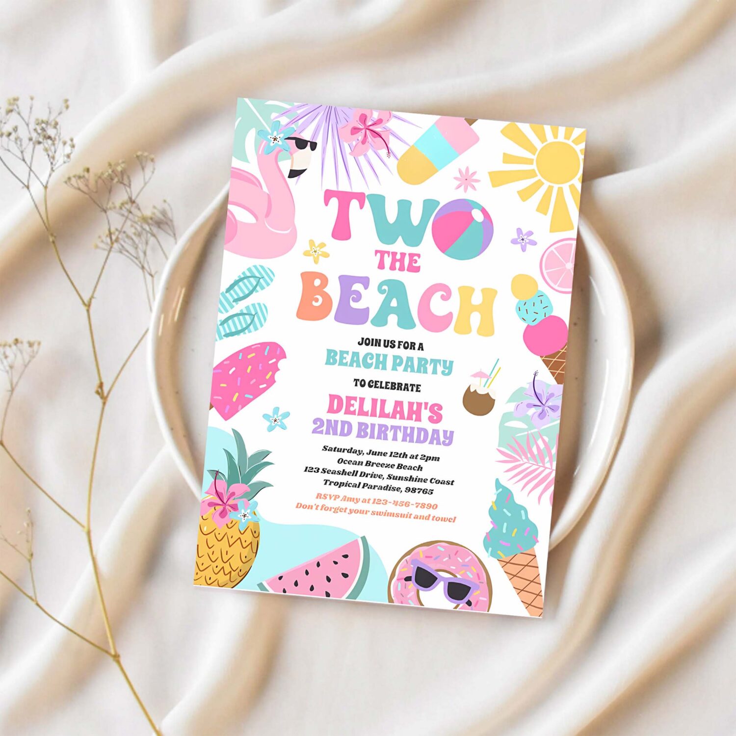 Two the beach summer 2nd birthday beach party invitation w29c 1