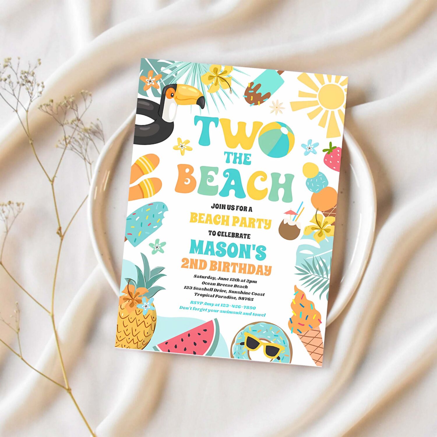 Two the beach summer 2nd birthday beach party invitation f24u 1