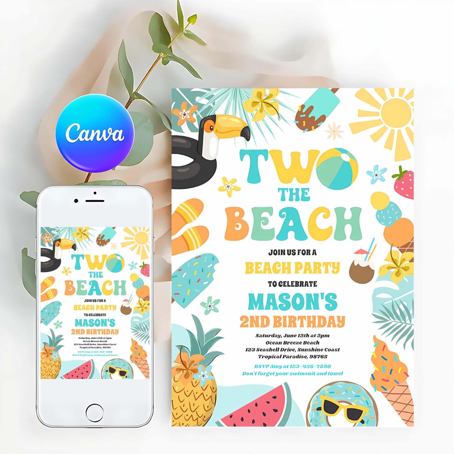 Two the beach summer 2nd birthday beach party invitation f24u