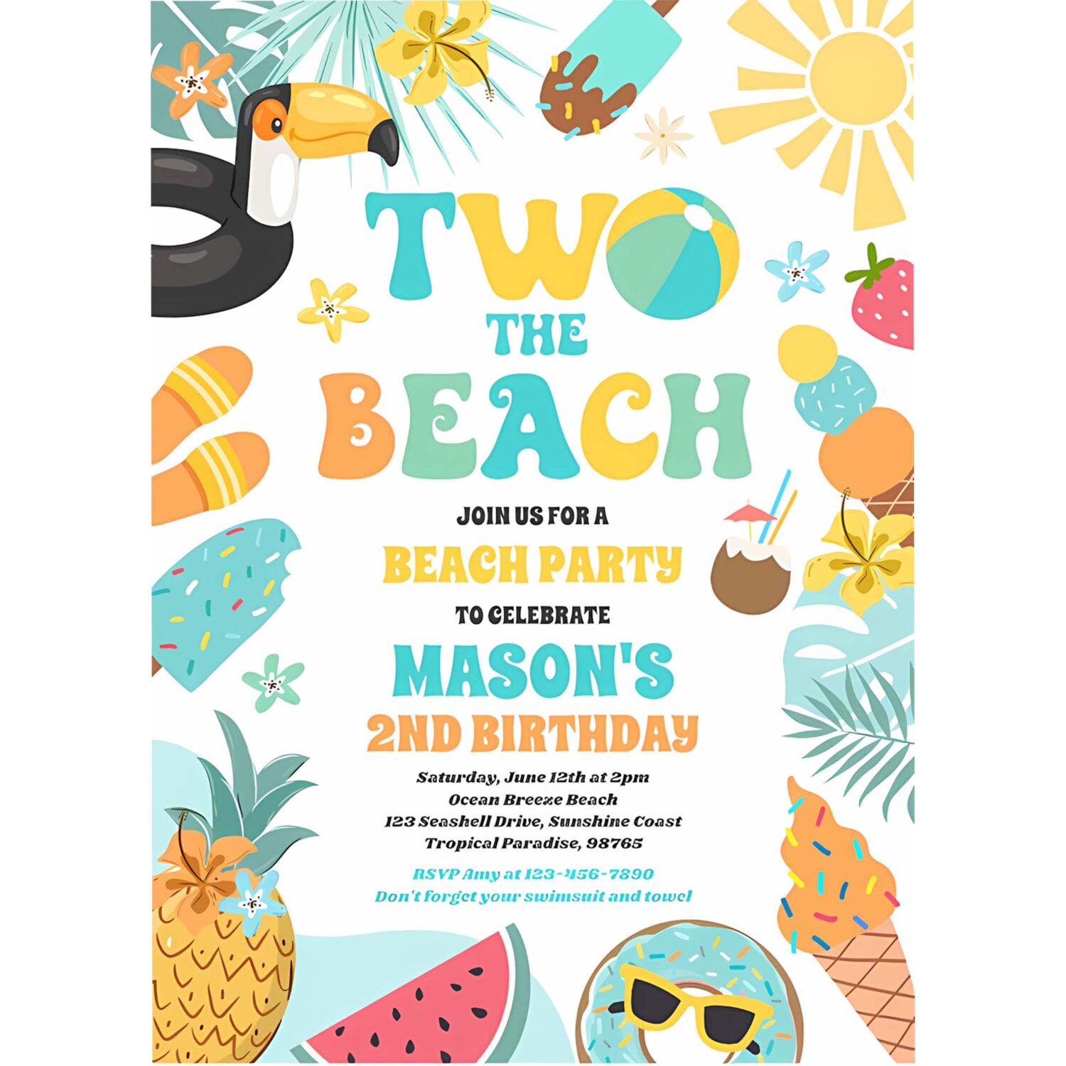 Two the beach summer 2nd birthday beach party invitation f24u 4