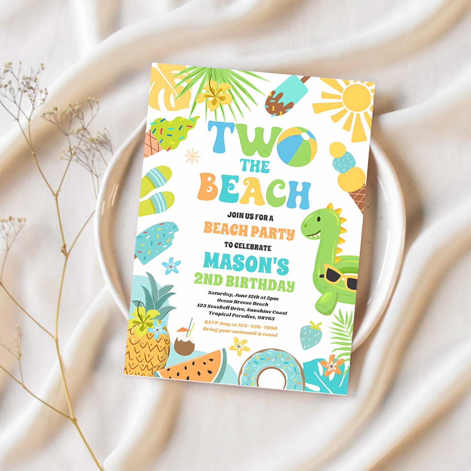 Two the beach summer 2nd birthday beach party invitation r33u 1