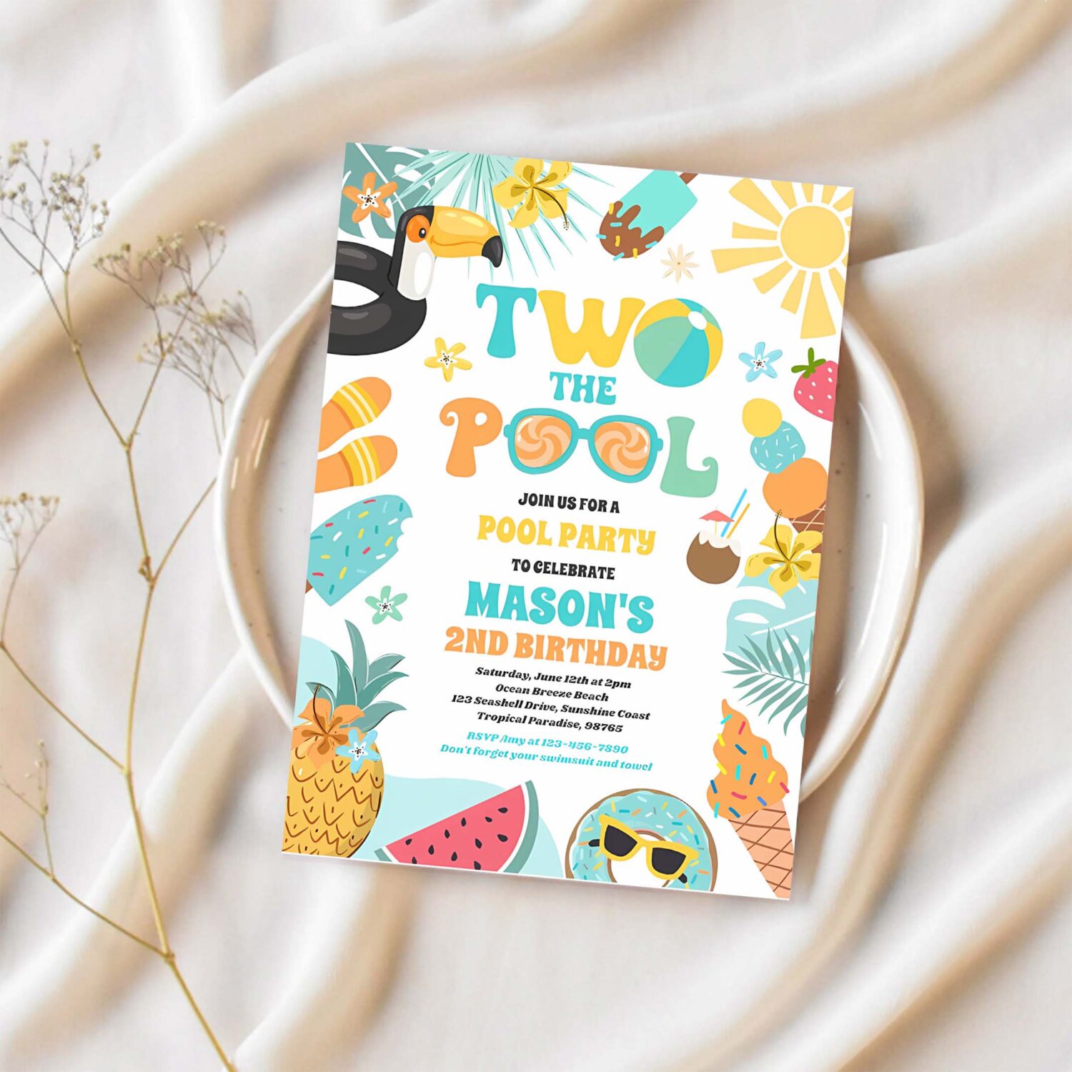 Two the pool summer 2nd birthday pool party invitation v43y 1