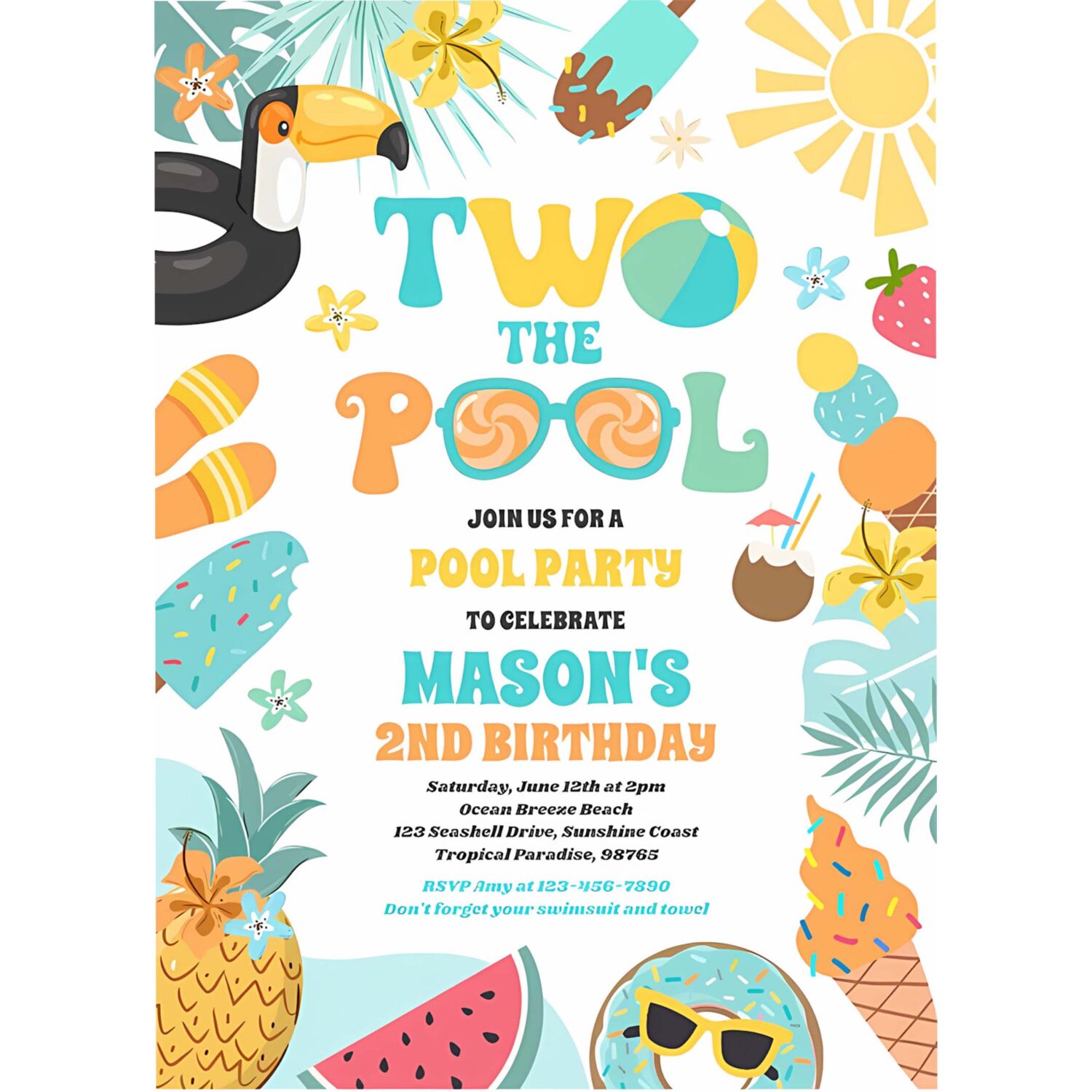 Two the pool summer 2nd birthday pool party invitation v43y 4