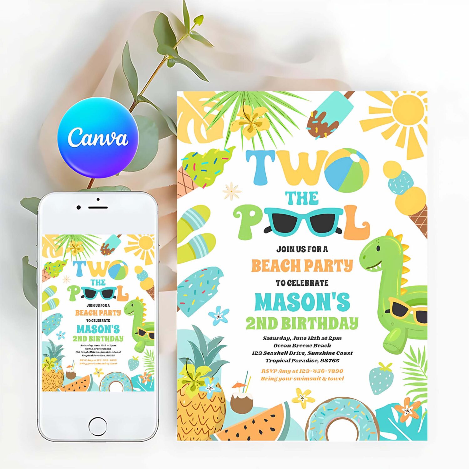 Two the pool summer 2nd birthday pool party invitation x44j