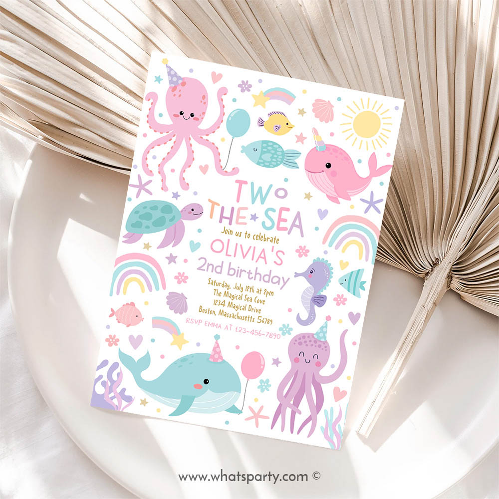 Two The Sea 2nd Birthday Party Invitation Cute Sea Creatures 2nd Birthday Turtle Whale Narwhal Party