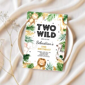 Two wild birthday invitation jungle safari animals invitation gold safari two wild 2nd birthday party 1