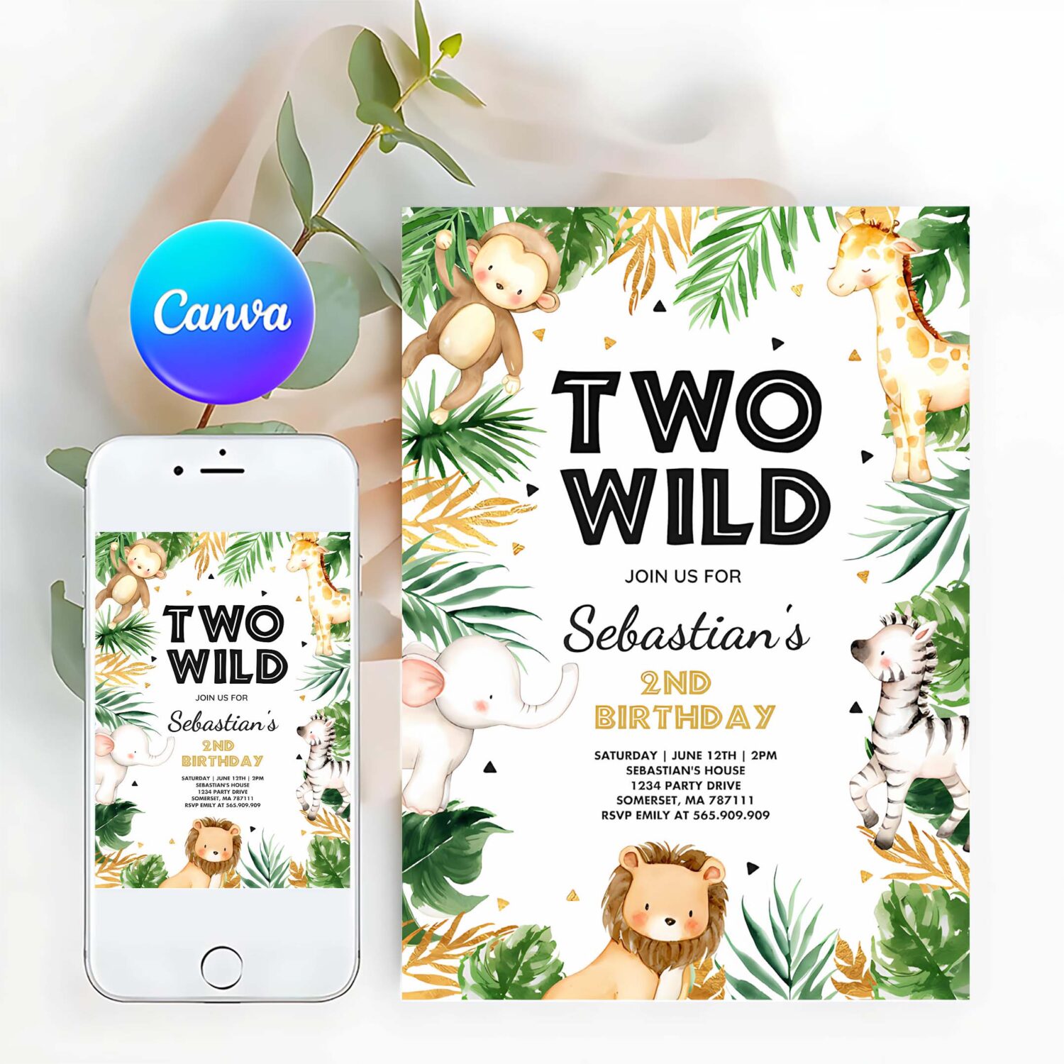 Two wild birthday invitation jungle safari animals invitation gold safari two wild 2nd birthday party