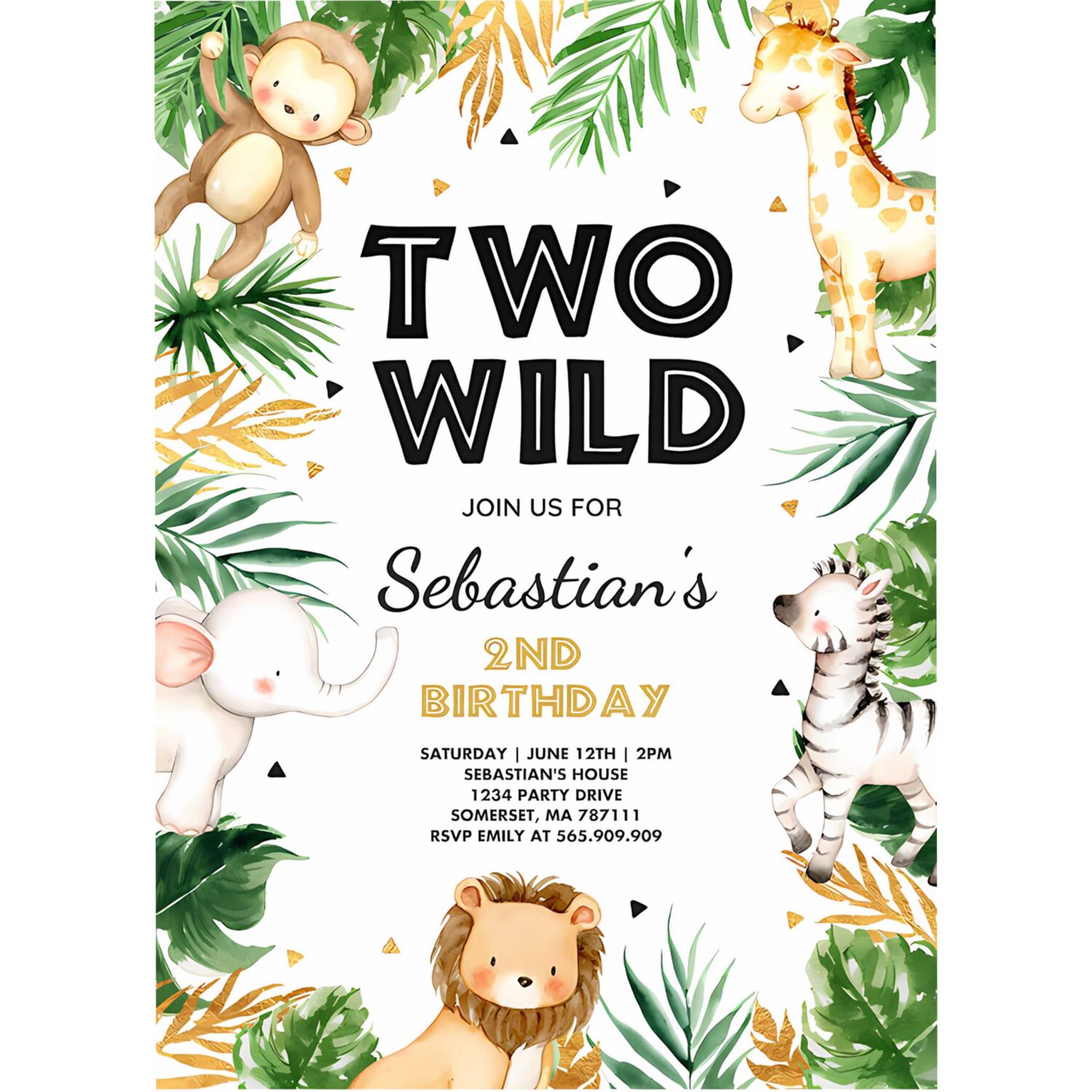 Two wild birthday invitation jungle safari animals invitation gold safari two wild 2nd birthday party 4