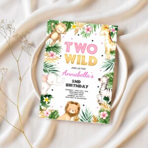Two wild birthday invitation pink gold jungle safari animals invitation two wild 2nd birthday party 1