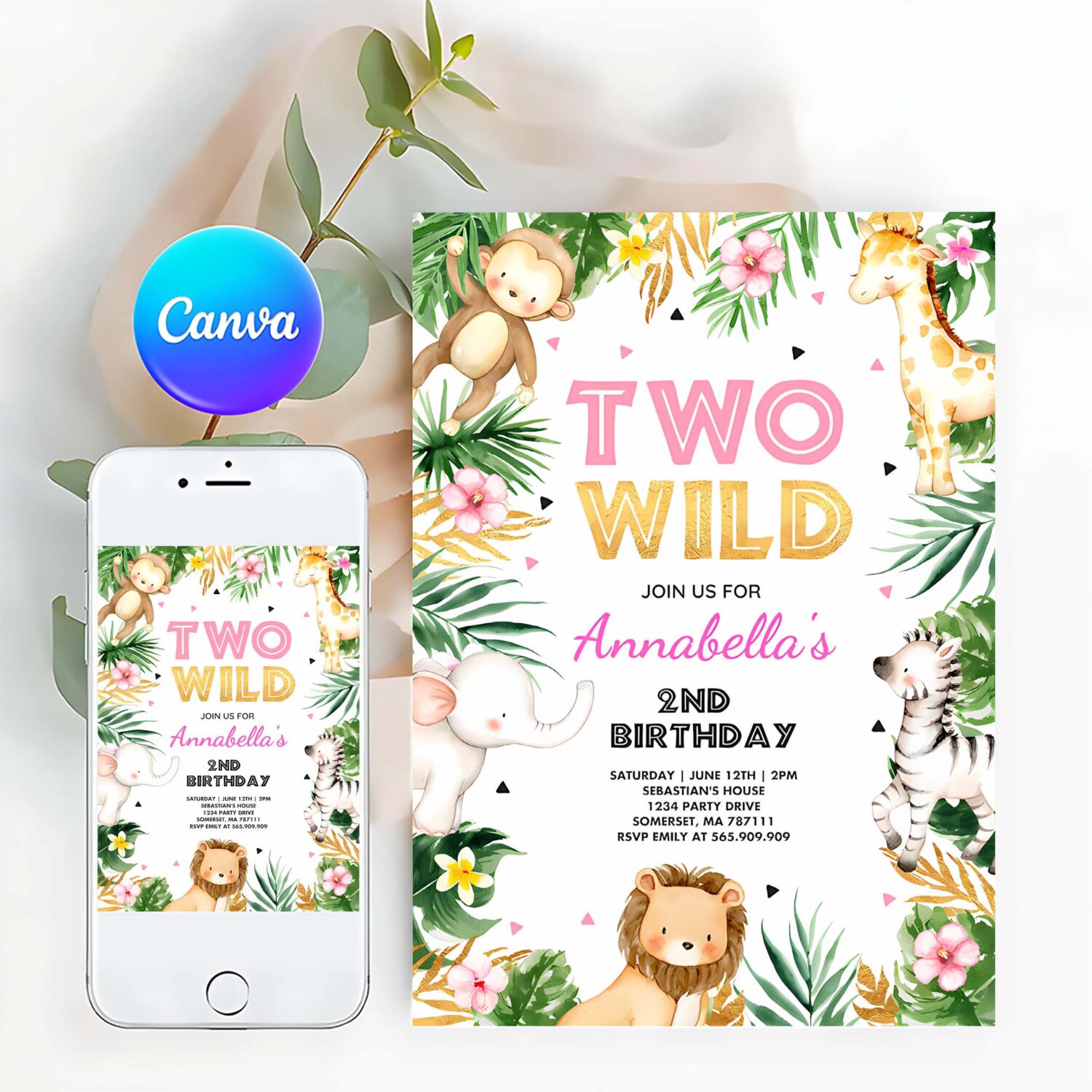 Two wild birthday invitation pink gold jungle safari animals invitation two wild 2nd birthday party