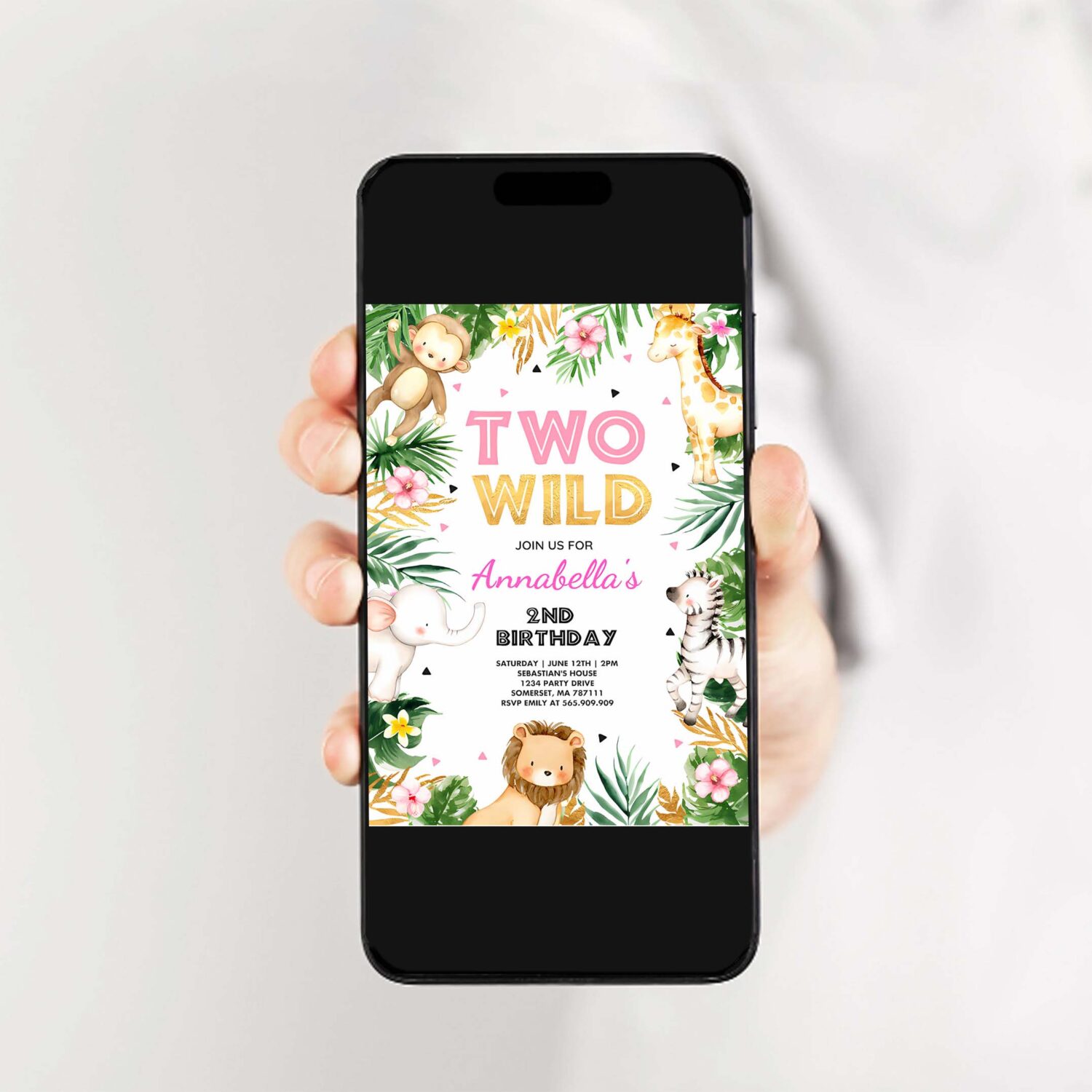 Two wild birthday invitation pink gold jungle safari animals invitation two wild 2nd birthday party 2