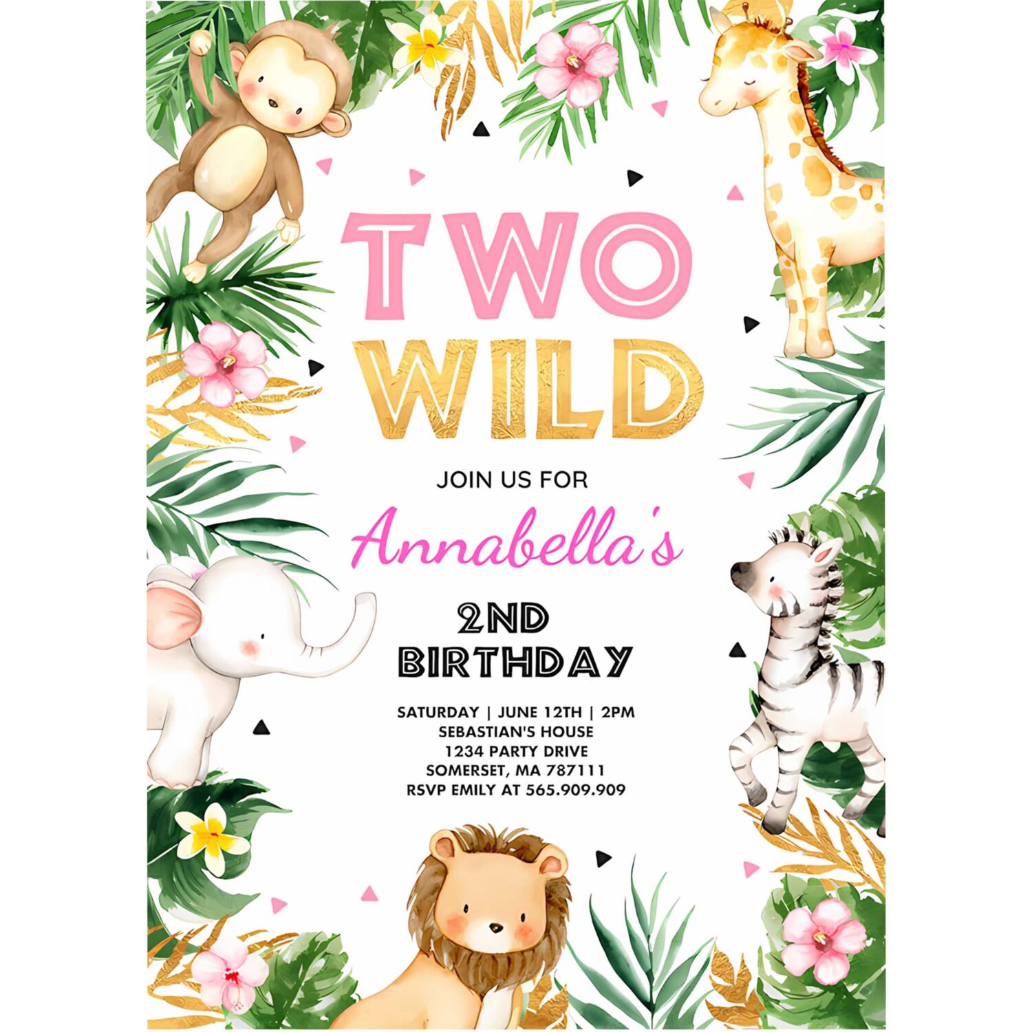 Two wild birthday invitation pink gold jungle safari animals invitation two wild 2nd birthday party 4